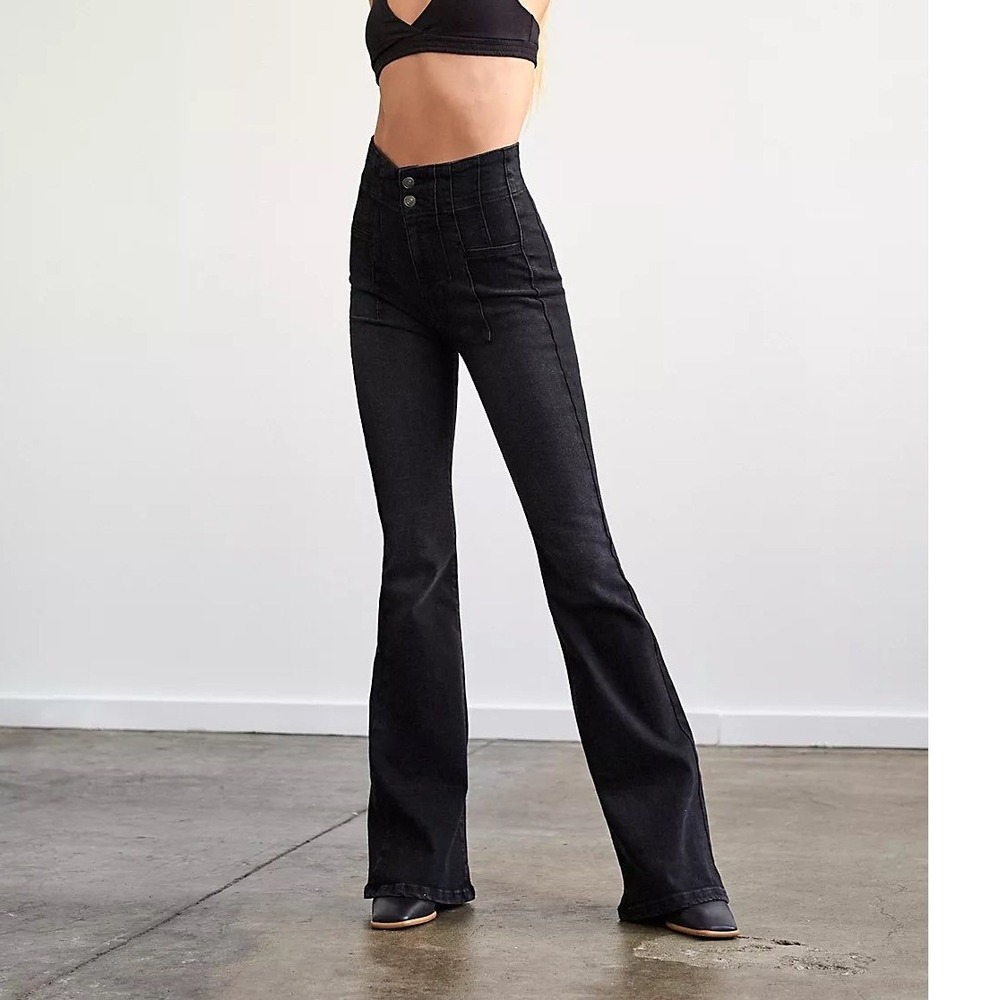 Free People We The Free Jayde Flare Jeans Black Seamed Double Button 30
